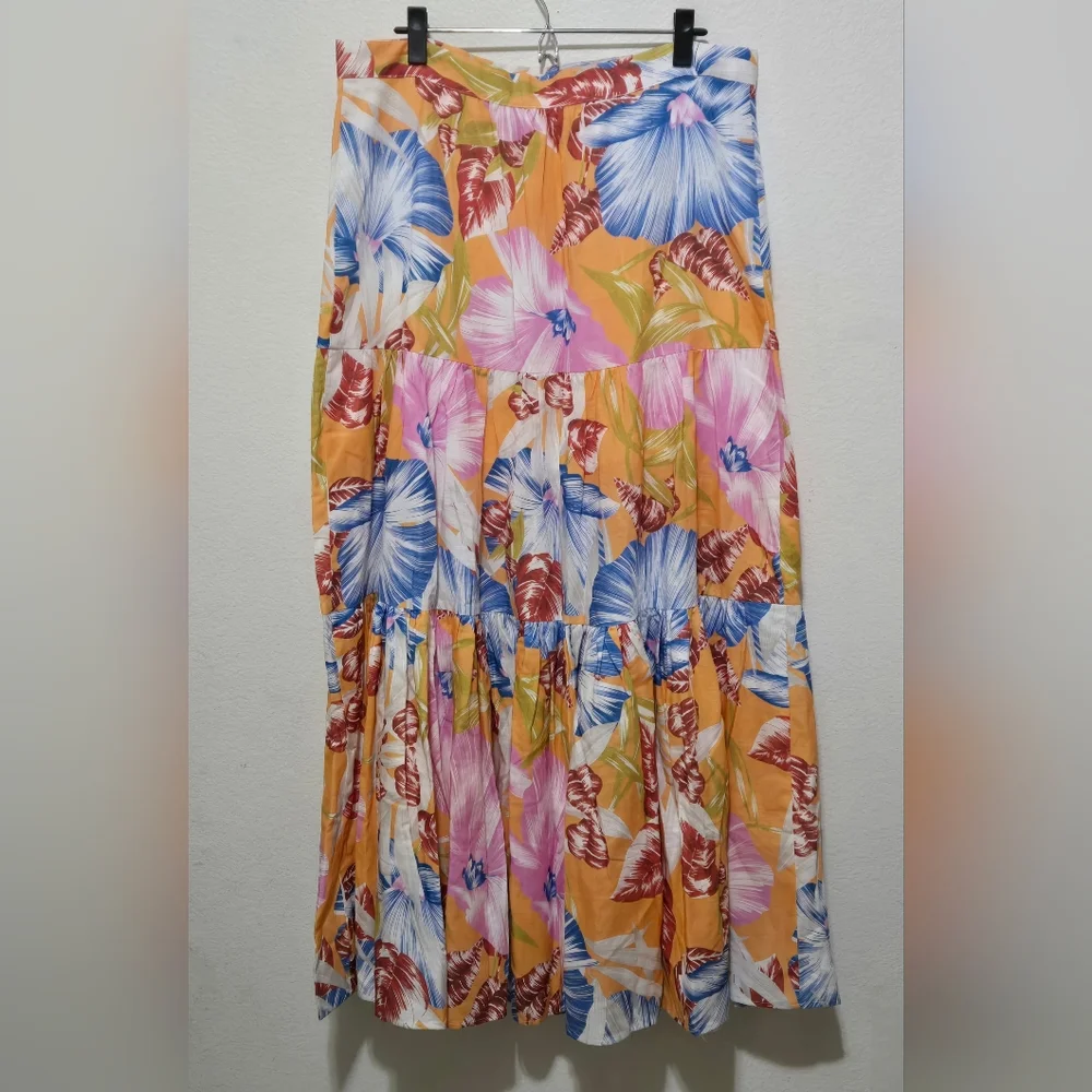 NEVER A WALLFLOWER Tropical Print Tiered Maxi Skirt Button Down Cotton Size XL - Picture 5 of 10